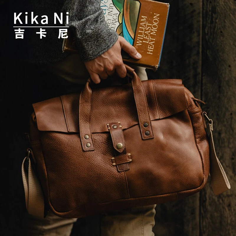 吉卡尼 阿美咔叽植鞣牛皮单肩男包复古电脑手提包真皮美式公文包