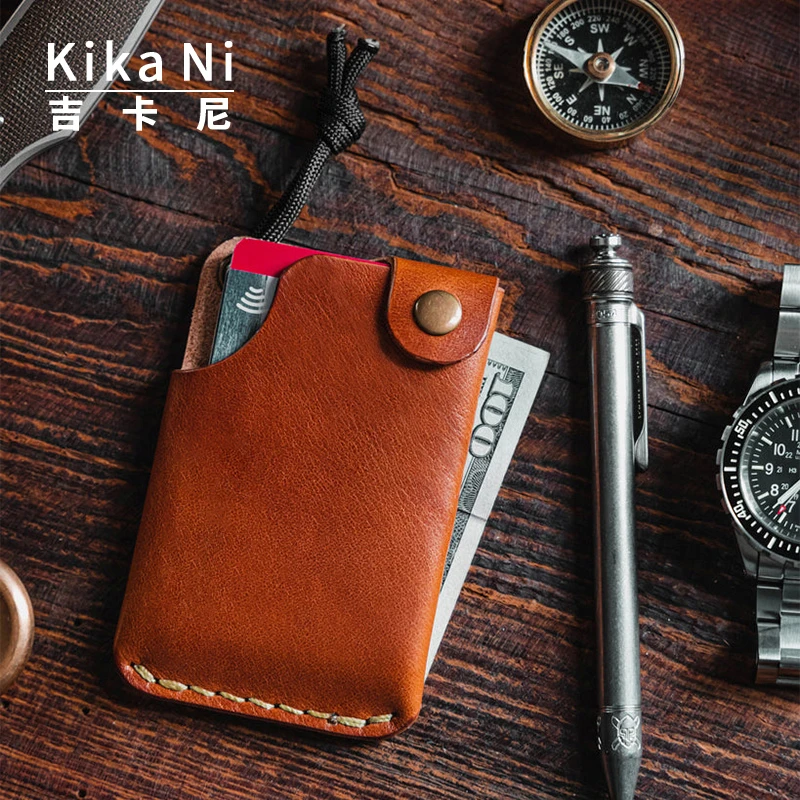 Kika Ni手工牛皮卡包复古植鞣皮大容量质感竖款零钱包男短款便携