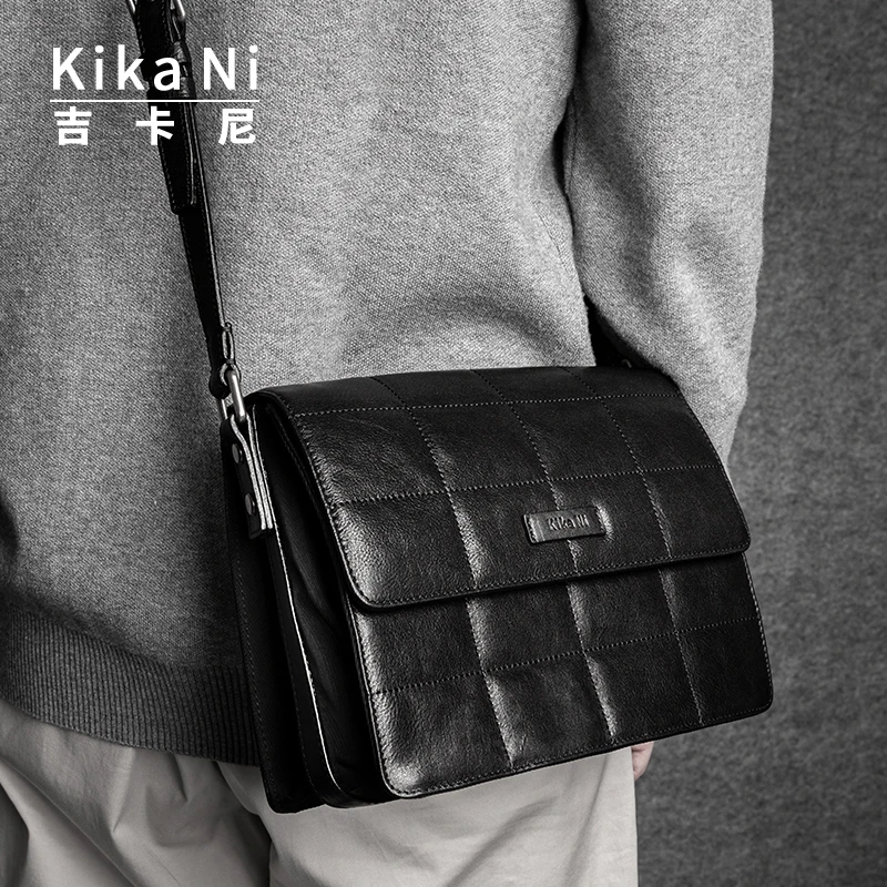 Kika Ni简约格纹缝线斜挎包小众设计师款翻盖牛皮邮差包男单肩包