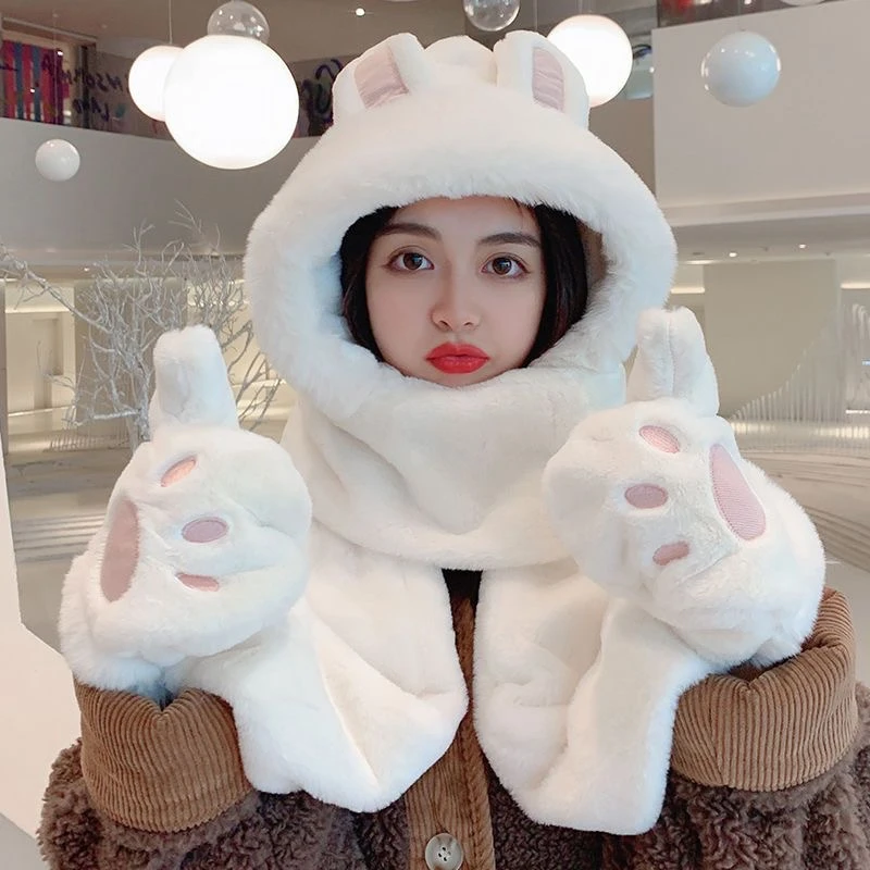 毛绒兔子耳朵围巾一体帽子女冬季保暖围脖手套连帽加厚骑行三件套