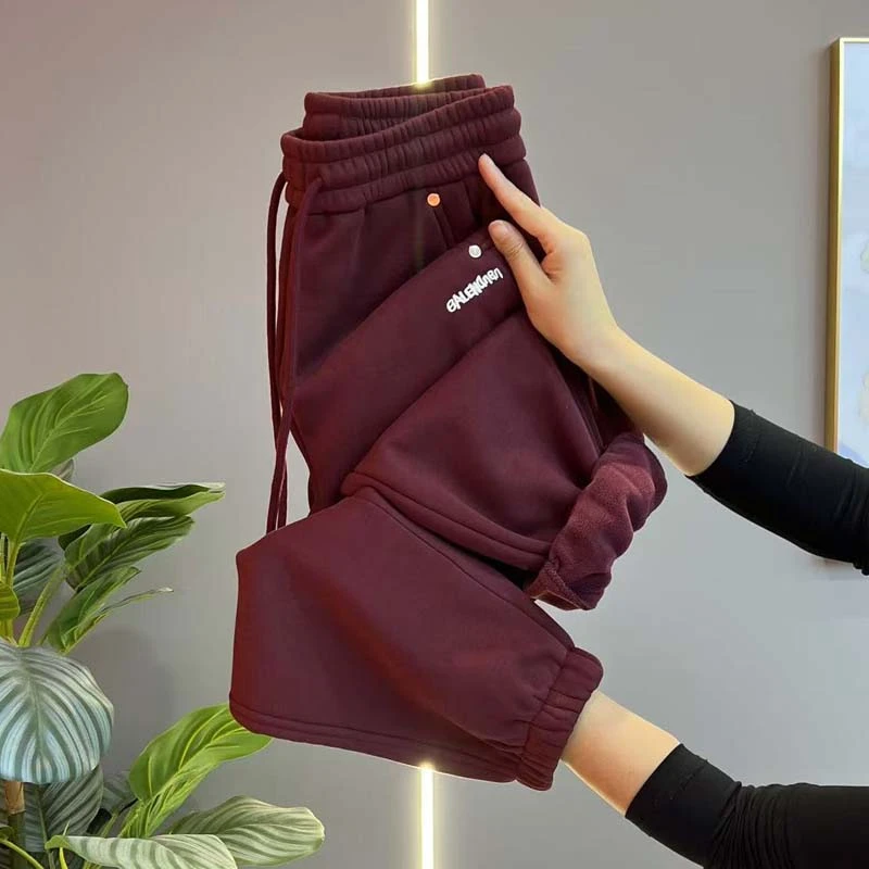 加绒加厚保暖卫裤女2024冬季新款刺绣百搭哈伦裤高腰显瘦休闲裤潮