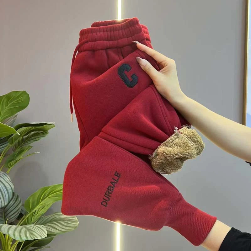 秋冬新款束脚裤女字母刺绣加绒加厚运动卫裤时尚哈伦裤束脚休闲裤