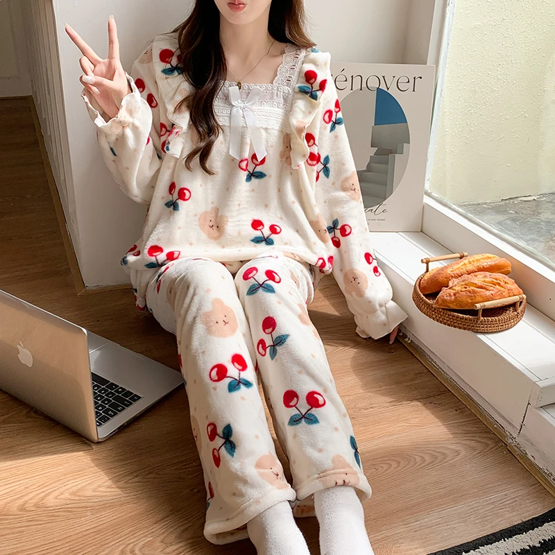 睡衣女秋冬季珊瑚绒加绒加厚法兰绒可爱女士可外穿家居服套装冬天