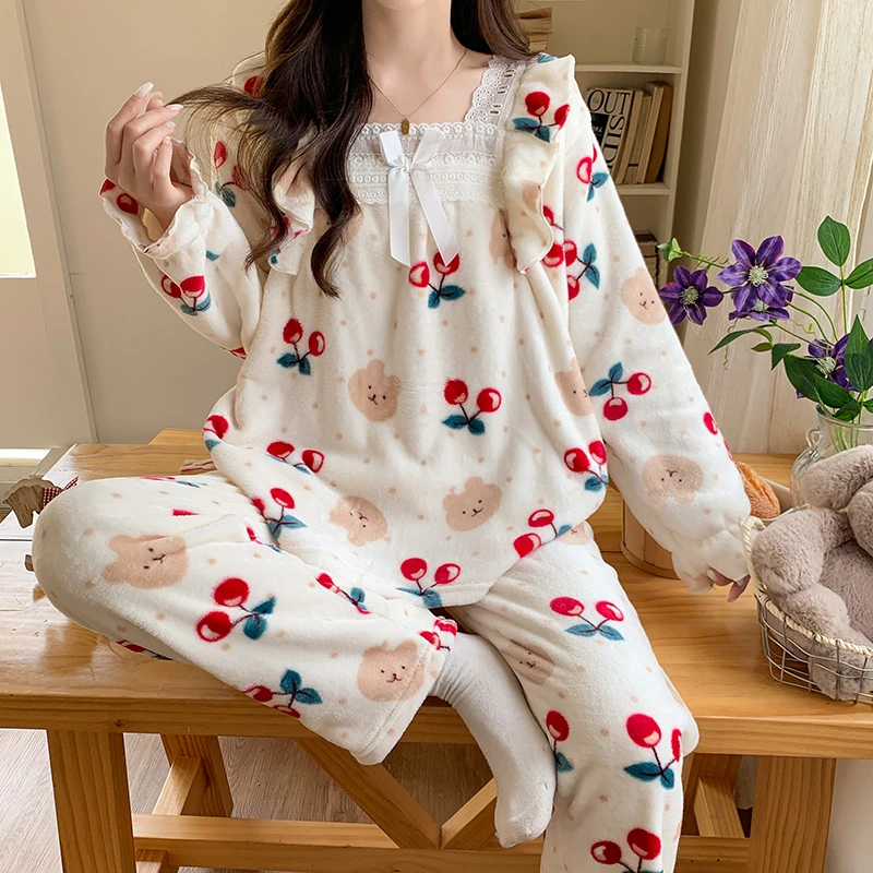 睡衣女秋冬季加绒加厚珊瑚绒法兰绒可爱女士可外穿家居服套装冬天