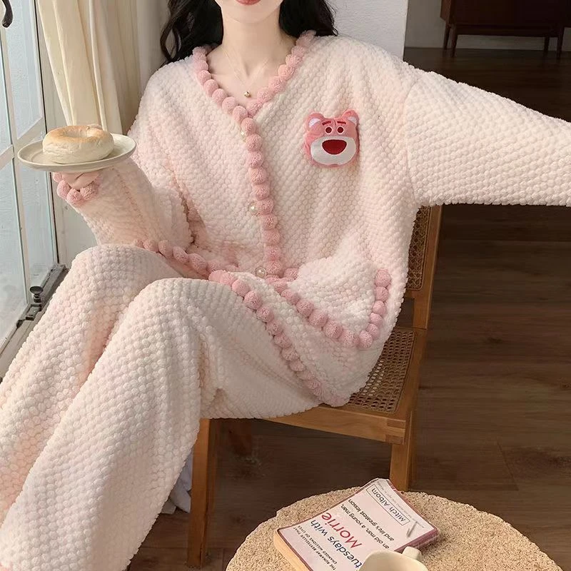 睡衣女秋冬季珊瑚绒加绒加厚法兰绒可爱女士可外穿家居服套装冬天