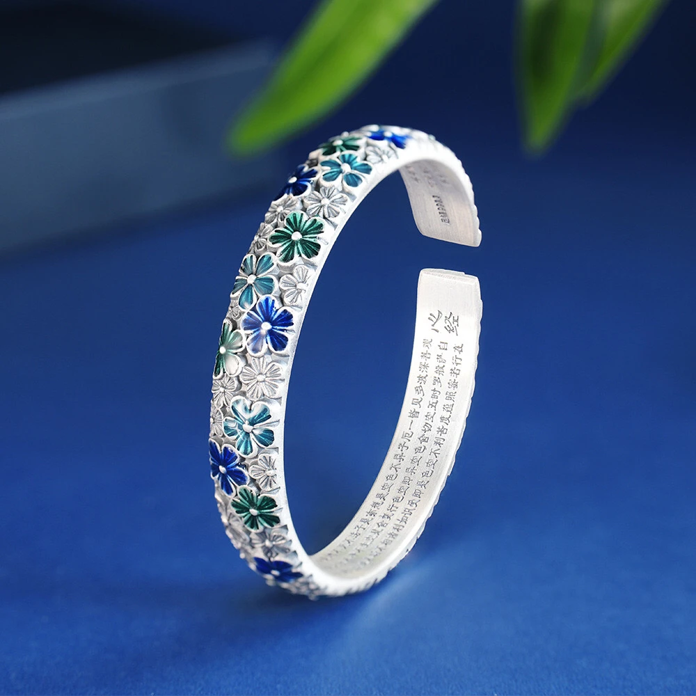 足银手镯 繁花似锦珐琅心经手镯纯银实心开口新中式国潮复古风镯