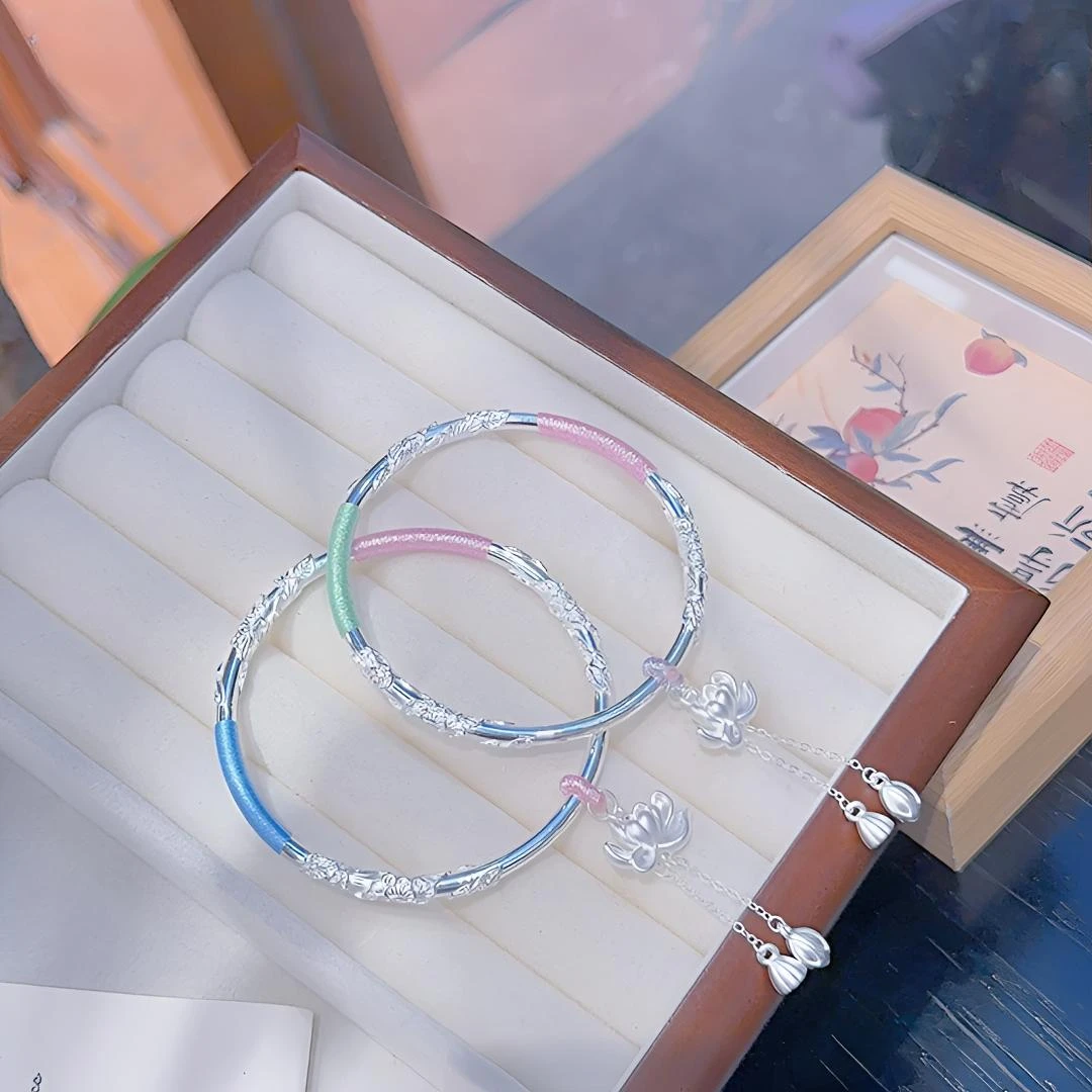 足银手镯 新中式手工彩绳编制繁花似锦流苏莲花两世欢古风款手镯