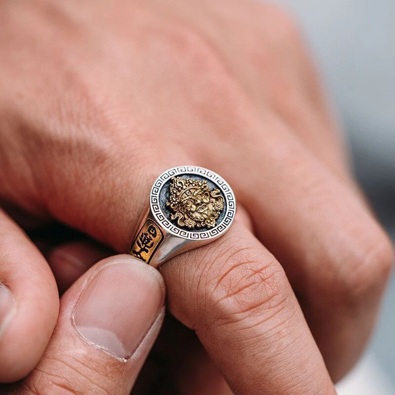 足银银制品 足银男款个性复古黄财神戒指日进斗金富甲天下戒指