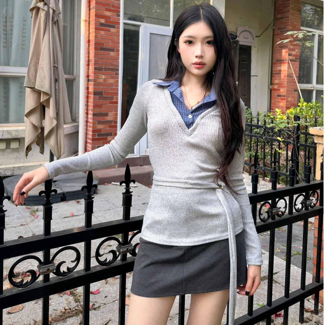 2024秋季新款撞色拼接POLO领长袖修身显瘦打底衫女