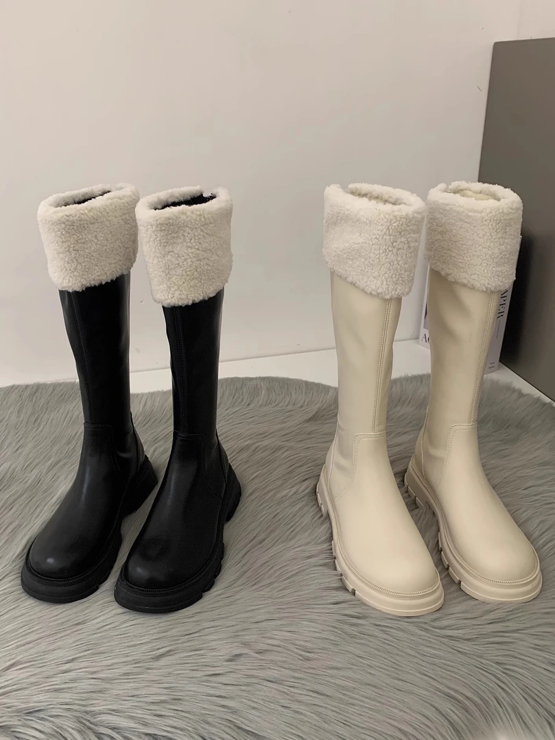回力瑞厚底雪地靴毛毛鞋女新款2023爆款加绒棉靴长筒靴骑士马丁靴