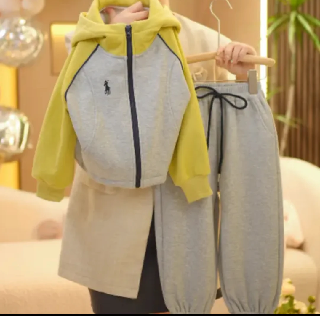 儿童秋冬套装运动网红洋气时尚休闲连帽加绒加厚时尚拼色套装