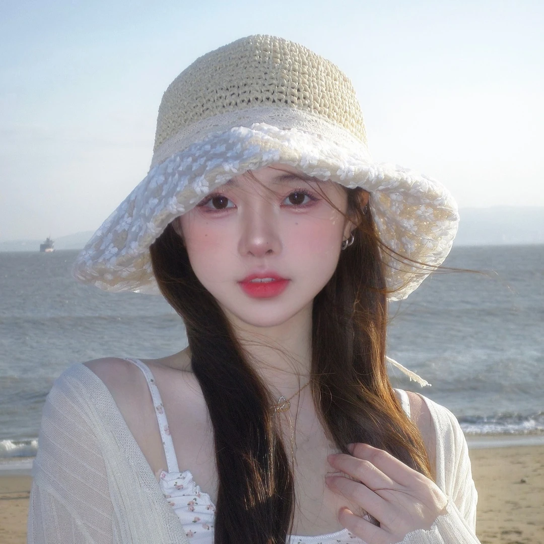 韩版草帽女遮阳防晒夏季海边蕾丝防紫外线渔夫帽户外时尚休闲女款