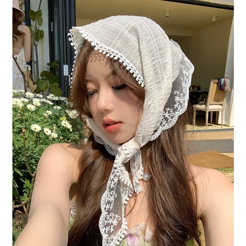 夏季法式蕾丝三角巾花朵米色复古装饰头巾田园复古网红丝巾飘带