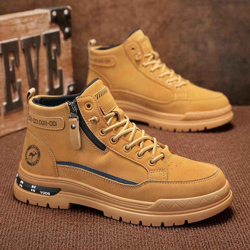 【加绒可选】2025秋冬新款男鞋休闲厚底增高潮鞋防滑耐磨软底马丁靴
