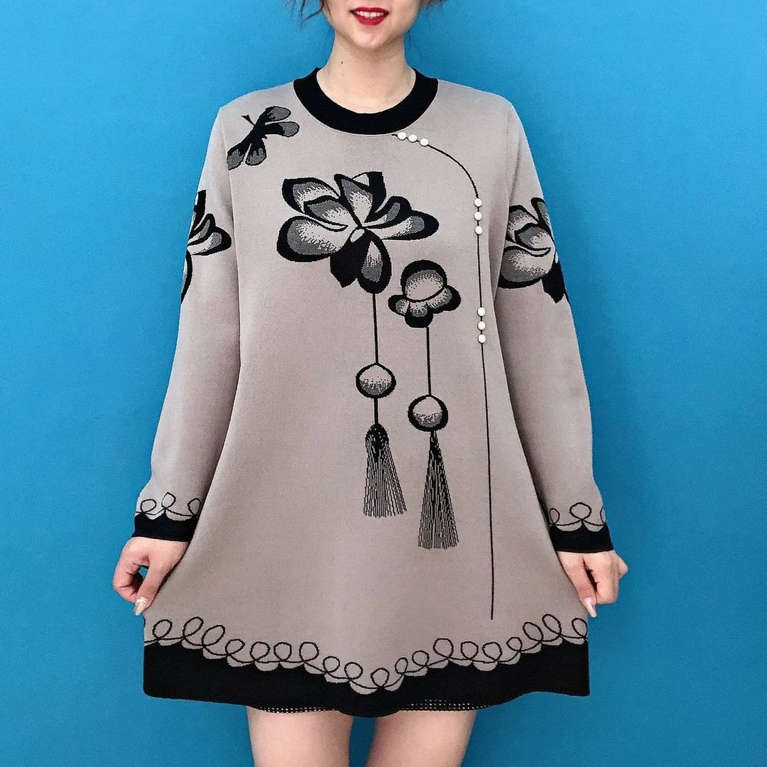 2025秋冬新款中国风印花花开富贵针织衫上衣中长款大码打底毛衣女