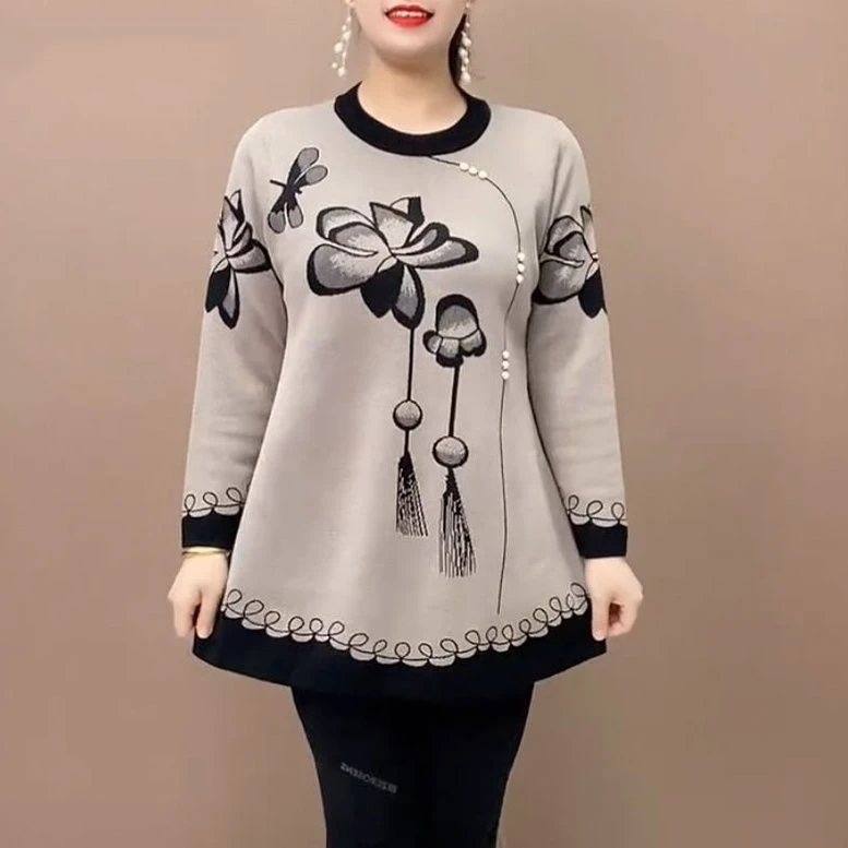 中长款针织衫秋季2025新款洋气百搭大码宽松中年妈妈装毛衣上衣女