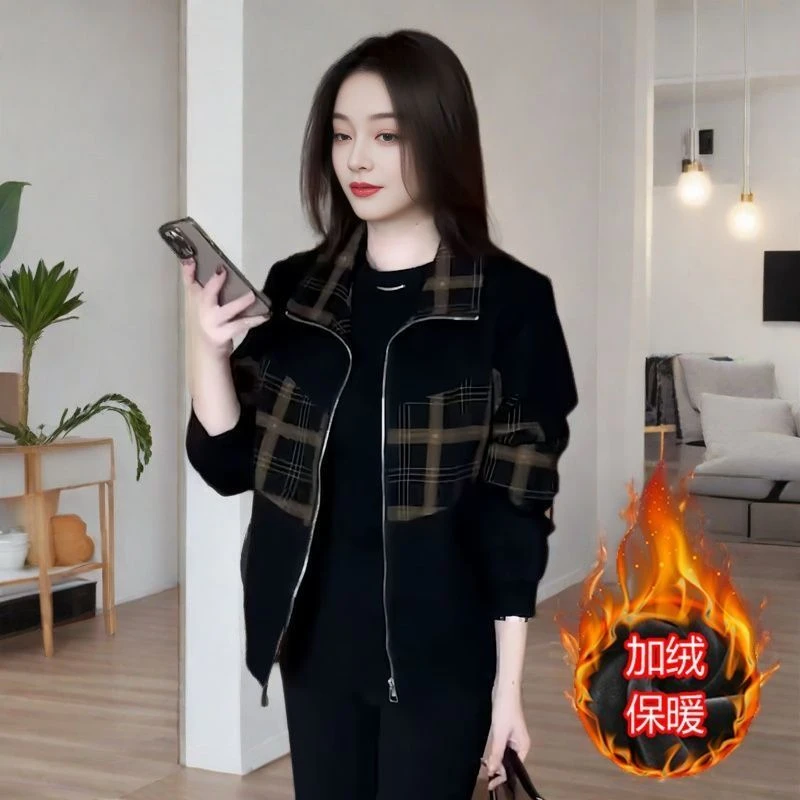 设计感拼接格子短外套休闲2025秋冬新款时尚百搭网红夹克长袖上衣