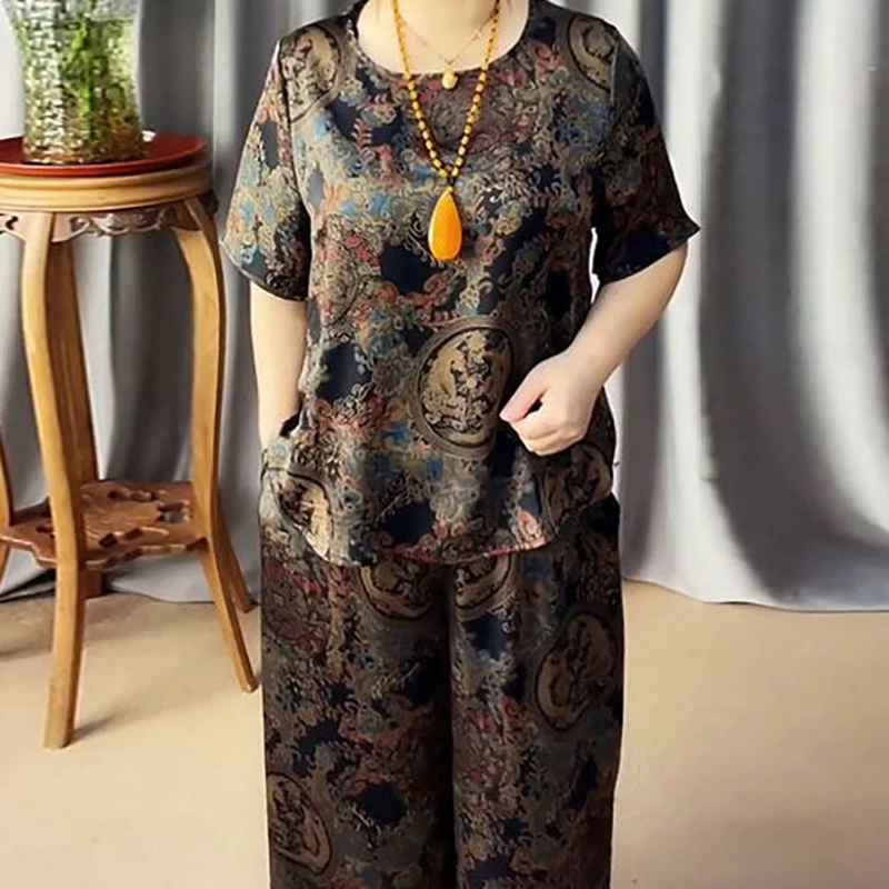 中老年花色奶奶装2025夏季时尚复古套装短袖上衣阔腿裤休闲两件套