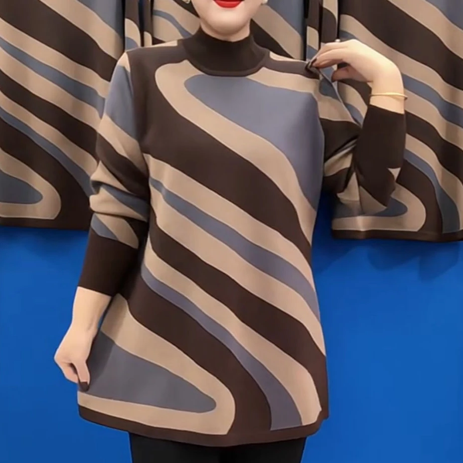 2025秋冬新款半高领加绒加厚长袖打底衫宽松大码大版衫中长款上衣