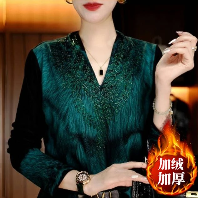 印花加绒加厚上衣2025冬季新款时尚V领保暖小衫减龄妈妈装打底衫