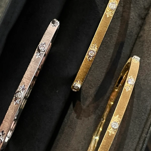 QANNA【10钻拉丝3.4mm手镯】18K金复古宫廷风手工布布拉丝轻奢AY