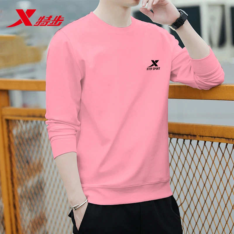 特步卫衣男粉色夏季新款保暖上衣宽松大码百搭纯色圆领打底运动服