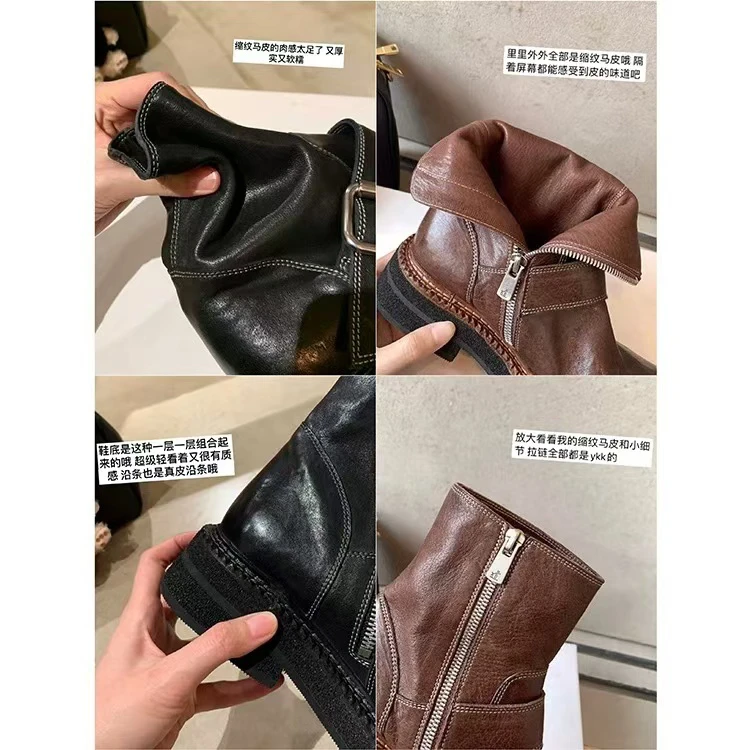 水洗缩纹马皮侧拉链机车靴女马丁复古时尚短靴休闲百搭秋冬