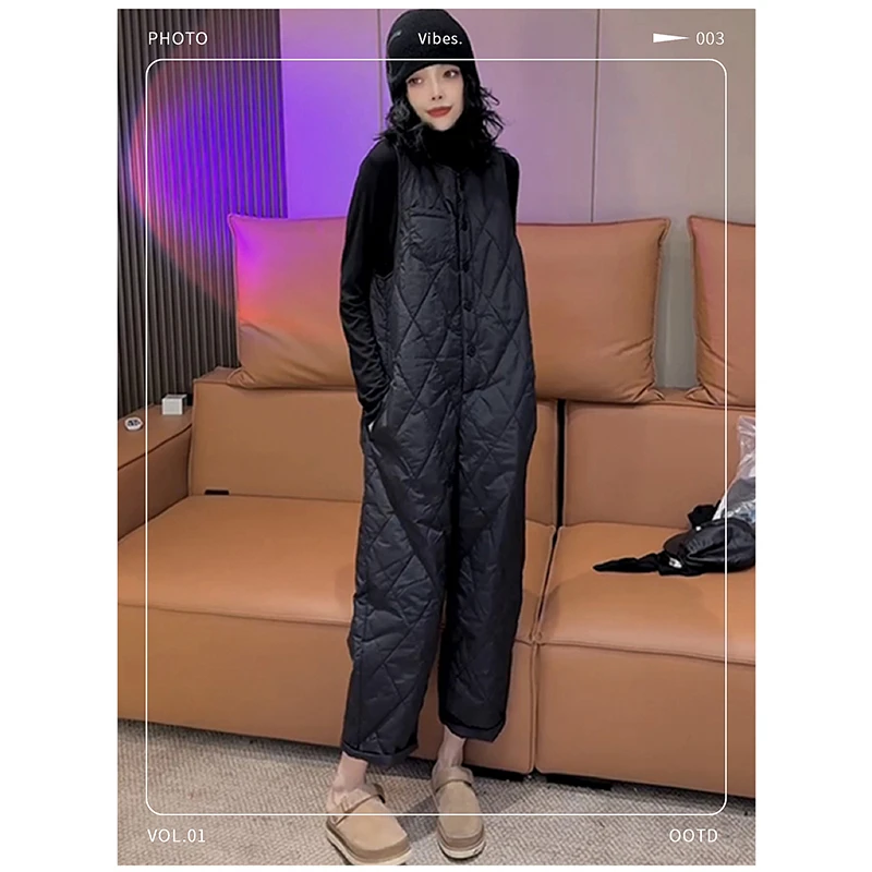 欧洲站2024秋冬新款菱格显瘦单排扣减龄连体裤女百搭纯色休闲裤潮