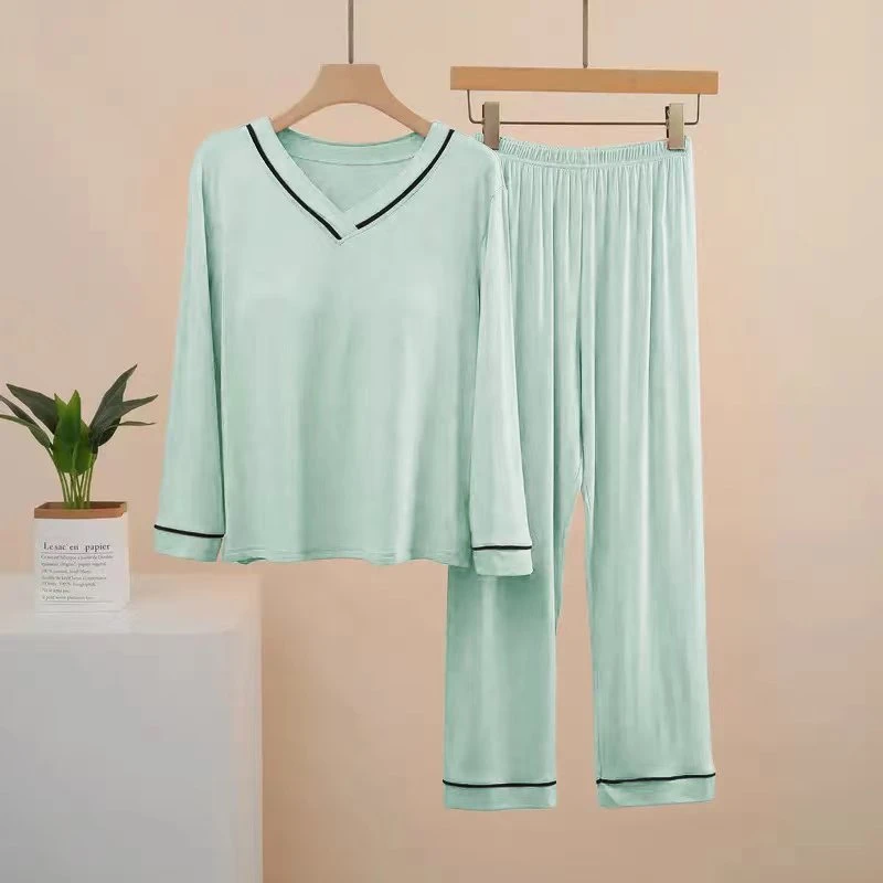 带胸垫莫代尔睡衣女春秋夏长袖长裤宽松夏季可外穿网红家居服套装