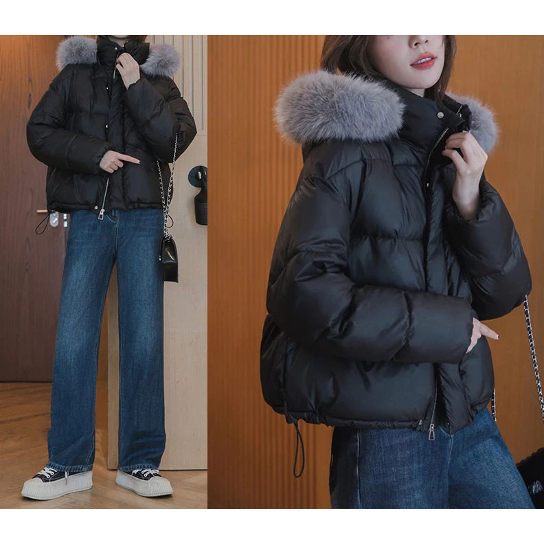 德大毛领黑色棉服加厚外套女2023秋冬款棉袄短款棉衣防寒保暖