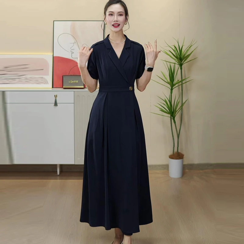 女装连衣裙显瘦气质法式长款收腰时尚裙子长款过膝短袖西装领长裙