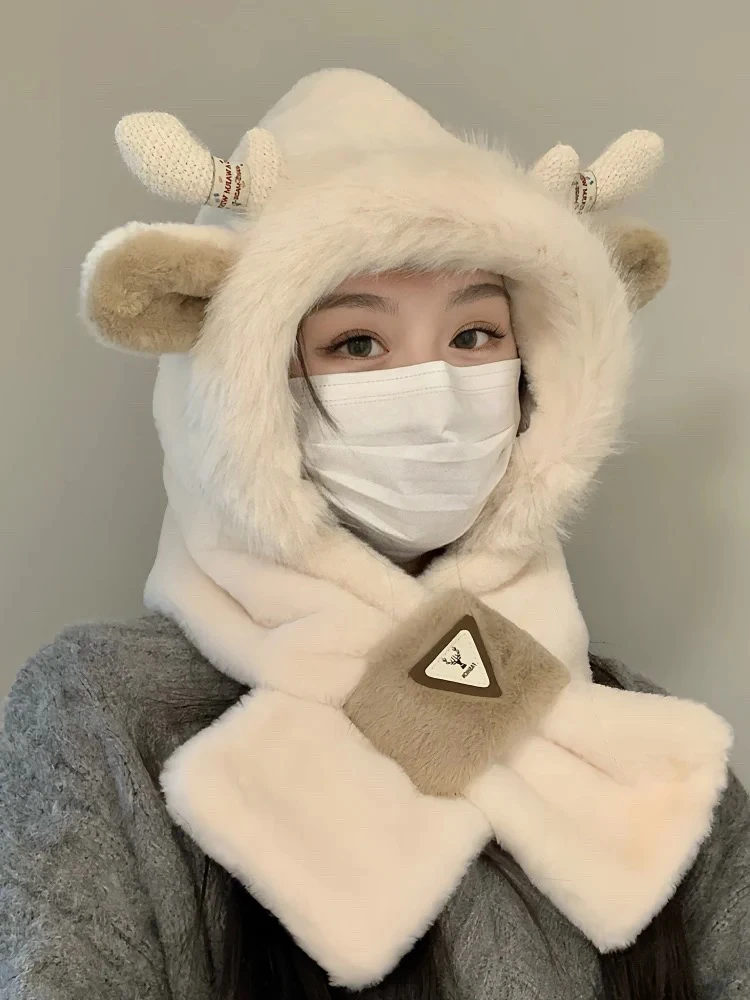 秋冬季网红帽子女毛绒围巾可爱洋气小鹿耳朵帽百搭围脖护耳保暖帽