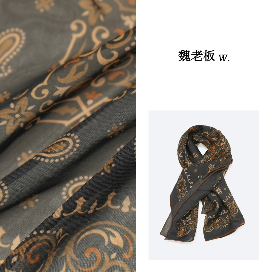 W.Diva【魏老板】早春桑蚕丝气质时尚百搭风图案印花丝巾0J07B2444