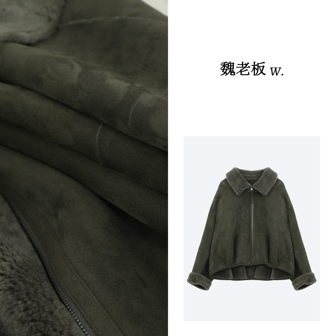 W.Diva【望海】早春时尚气质美利奴绒面皮毛一体翻领外套34C111186