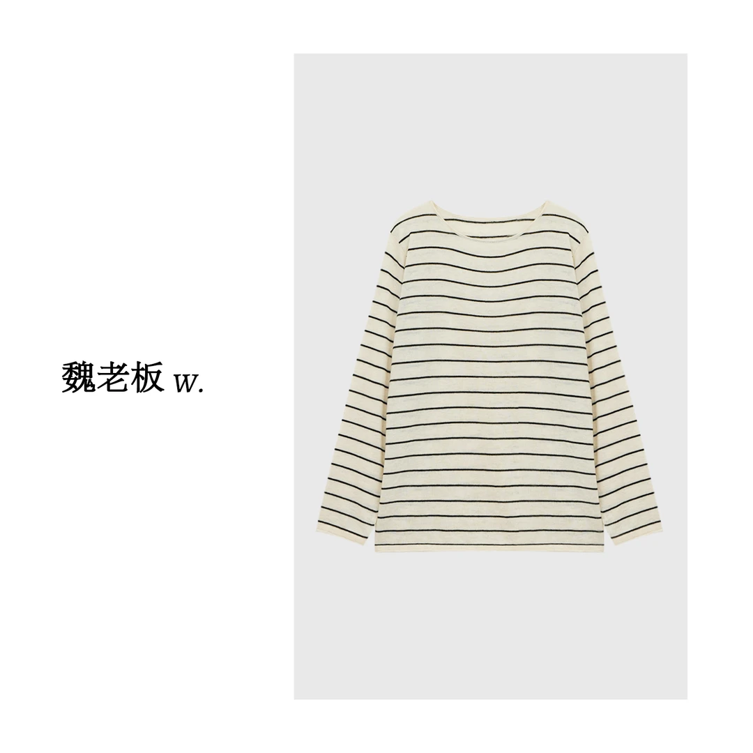 W.Diva【云岚】慵懒休闲简约百搭条纹细羊毛圆领针织小衫1ZDM00716