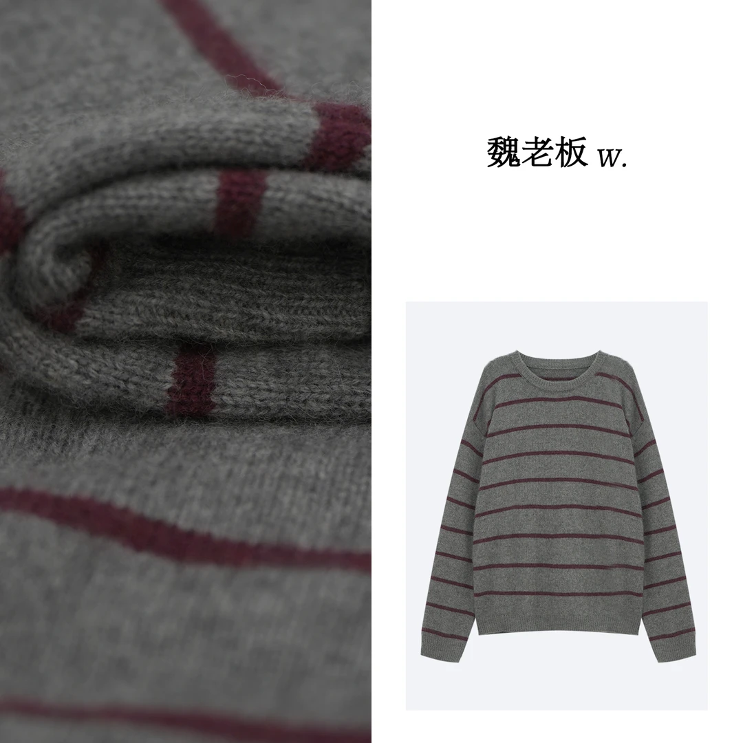 W.Diva【回归线】春季复古圆领条纹时尚百搭休闲羊毛毛衣4ZDM81610