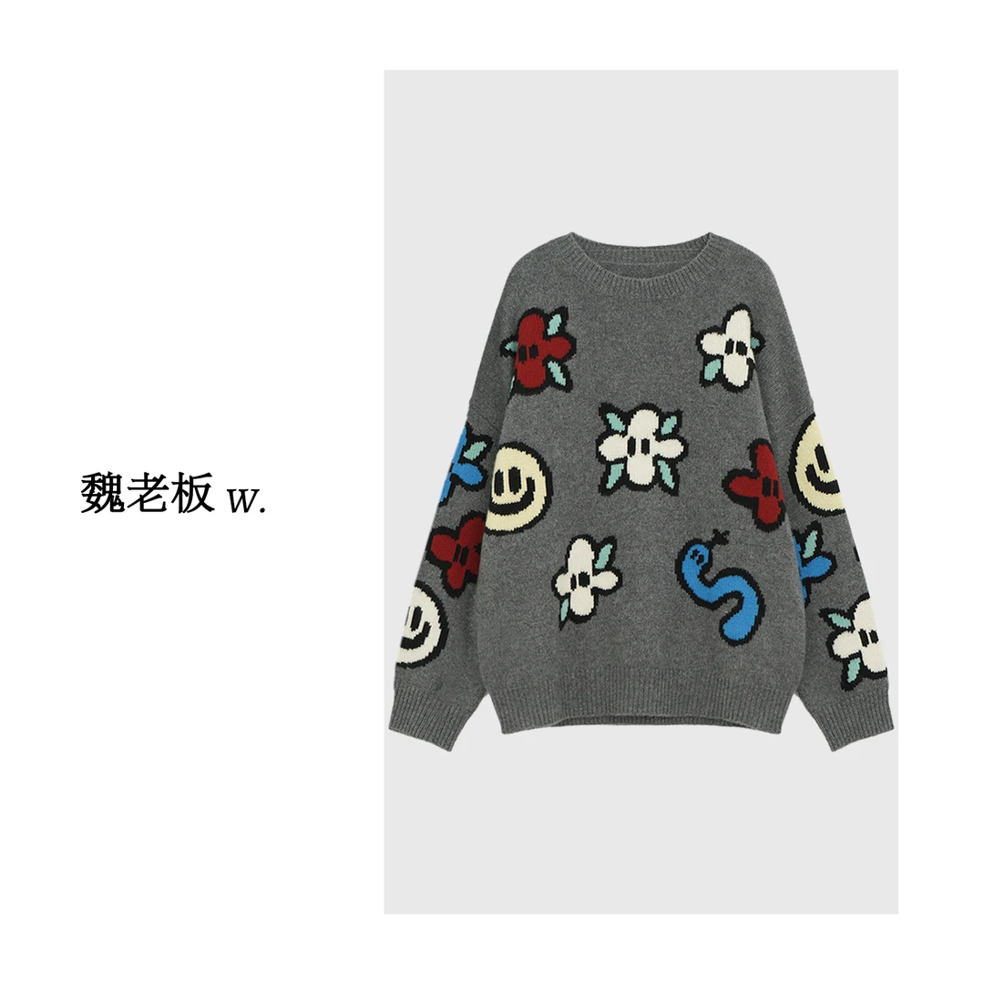 W.Diva【蓓蕾】春季慵懒风花色提花品质休闲圆领羊绒毛衫4Z1610043