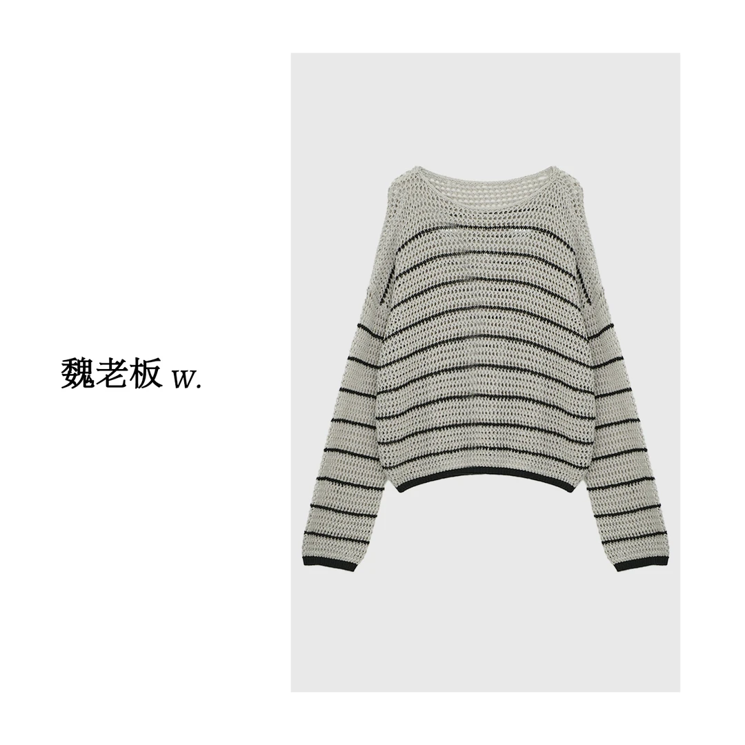 W.Diva【水调歌头】春季时尚慵懒随意镂空条纹针织罩衫1ZDM43072