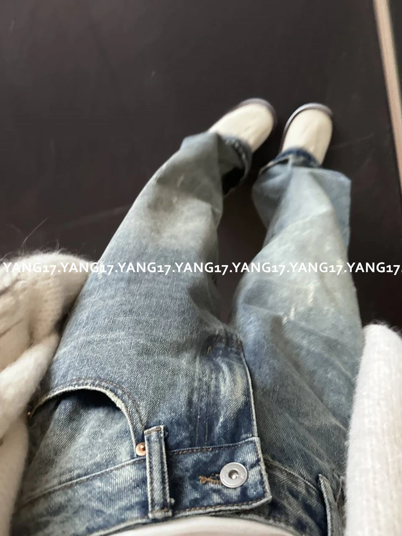 杨十七 雅痞牛牛水洗蓝直筒牛仔裤中高腰梨形贼适合可拖地可卷边