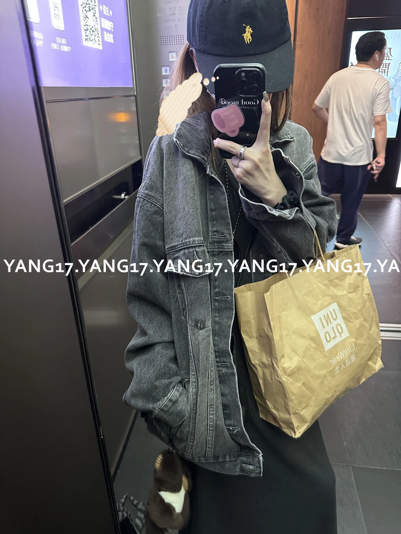 杨十七 很少见的b@黎经典廓形水洗灰牛仔外套阔肩男友风情侣款