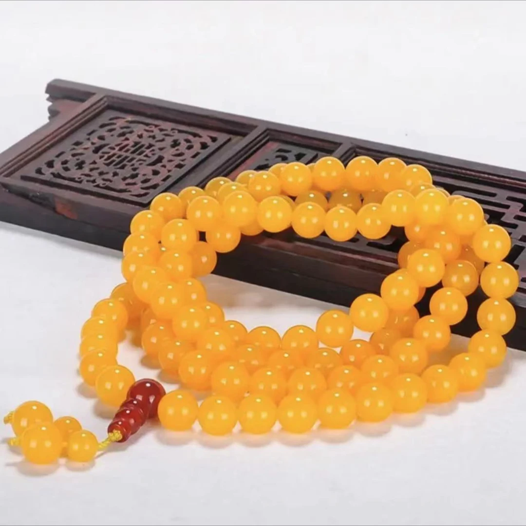 天然鸡油黄玛瑙多圈手链108粒佛珠男女同款直径约8mm毛衣链