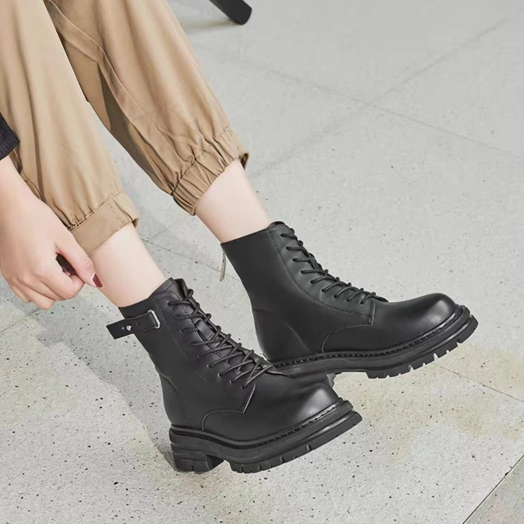 秋季新款时尚百搭圆头系带粗跟休闲时装靴288-2X