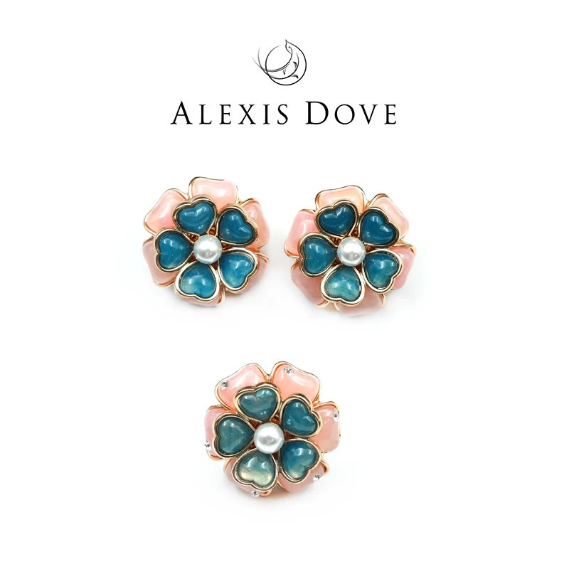 铜合金仿珍珠耳饰 欧美重工双层立体花朵套装V