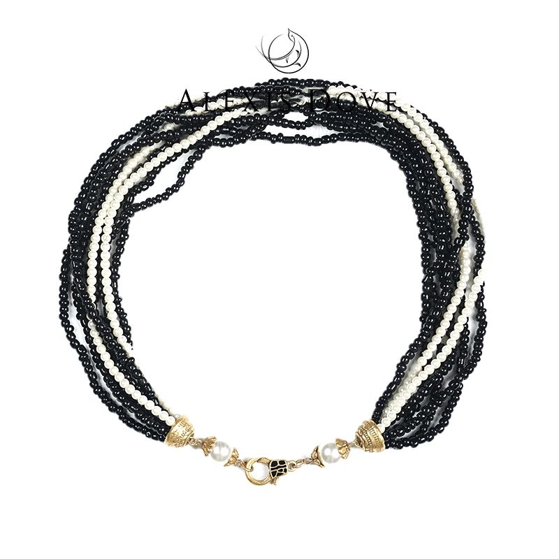 铜合金仿珍珠项链 轻奢小众黑白多层编织项链VI