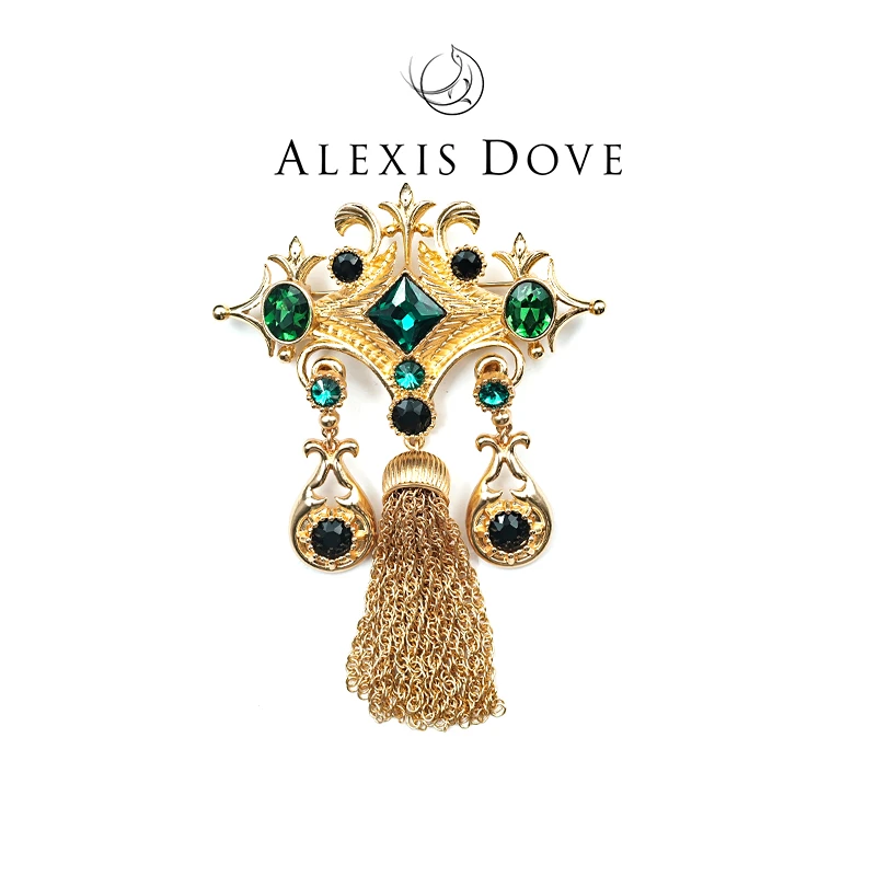 铜合金合成锆石胸针 宫廷风重工做旧流苏胸针V