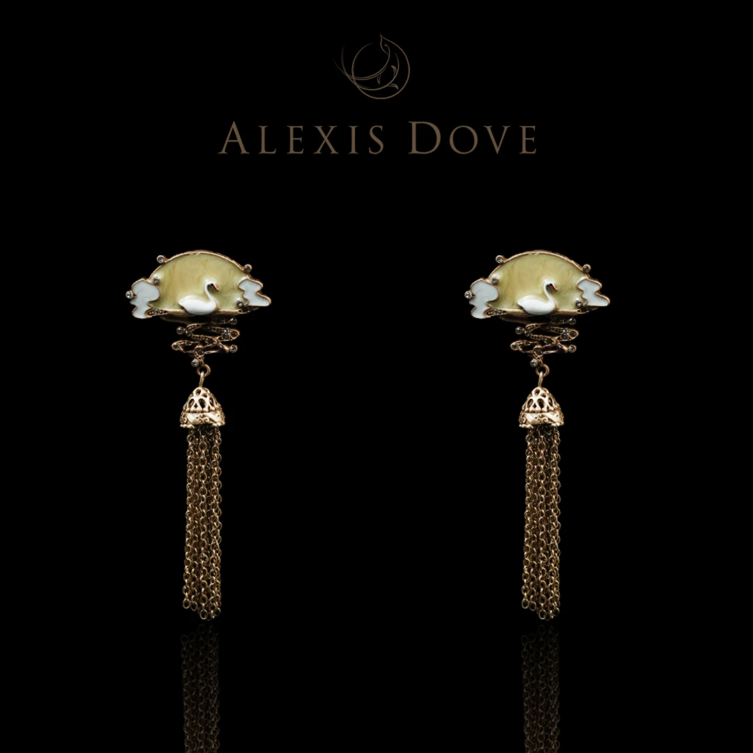 铜合金耳饰 【乐亿】新中式彩绘天鹅扇子流苏耳钉VI