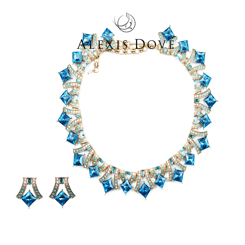 铜合金合成锆石耳饰 复古宫廷满镶几何墨弦套装VI乐亿