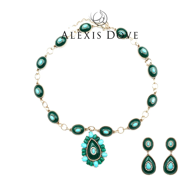 铜合金合成锆石耳饰 欧美名媛风素款水滴套装绿色VI乐亿