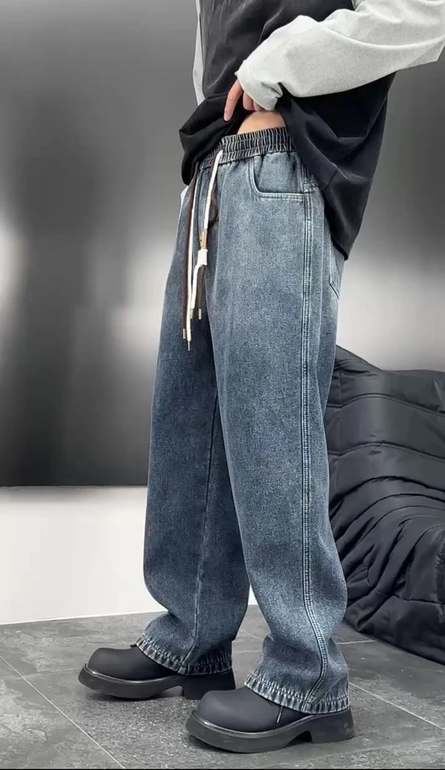 9156#（加绒加厚）美式复古水洗抽绳牛仔街头直筒宽松阔腿长裤