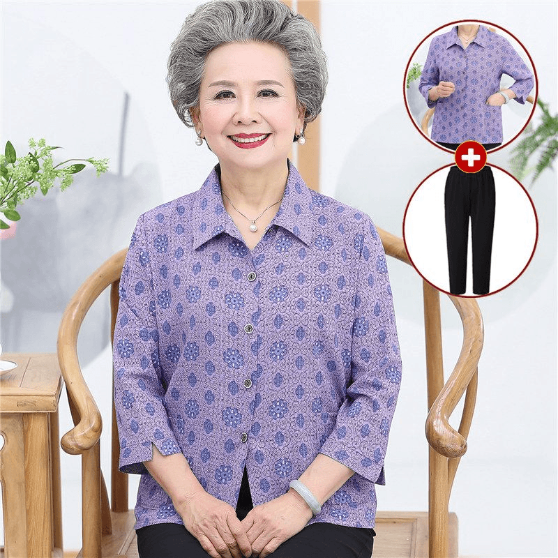 奶奶春夏中袖衬衫6070岁80老年人七分袖衬衣老太太纯棉老人衣服女